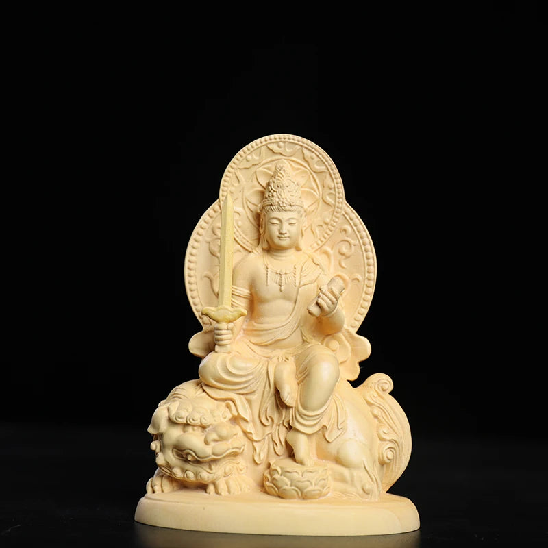 Boxwood 12cm Manjushri and Samantabhadra Bodhisattva Figure Sculpture Buddha Wood Statue Riding Elephant Lion Home Decor