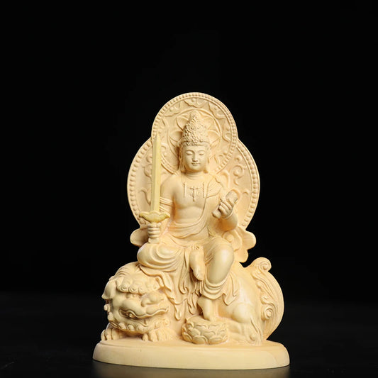 Boxwood 12cm Manjushri and Samantabhadra Bodhisattva Figure Sculpture Buddha Wood Statue Riding Elephant Lion Home Decor