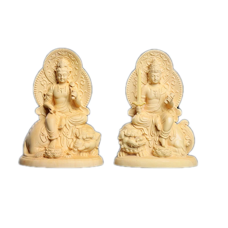 Boxwood 12cm Manjushri and Samantabhadra Bodhisattva Figure Sculpture Buddha Wood Statue Riding Elephant Lion Home Decor