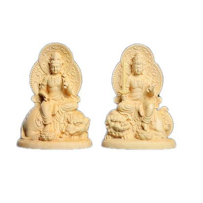 Boxwood 12cm Manjushri and Samantabhadra Bodhisattva Figure Sculpture Buddha Wood Statue Riding Elephant Lion Home Decor