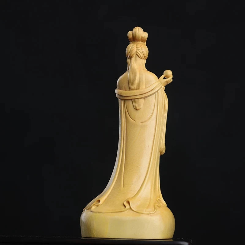 Boxwood 12cm Mazu Sculpture Wood Carving Sea Goddess Statue Figure Buddha Worship Feng Shui Ma Zu Home Decor