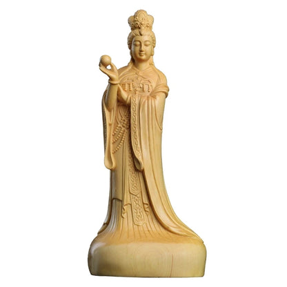Boxwood 12cm Mazu Sculpture Wood Carving Sea Goddess Statue Figure Buddha Worship Feng Shui Ma Zu Home Decor