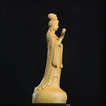 Boxwood 12cm Mazu Sculpture Wood Carving Sea Goddess Statue Figure Buddha Worship Feng Shui Ma Zu Home Decor