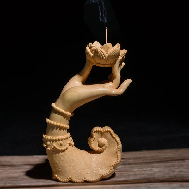 Boxwood 12cm Perfume Lotus Hand Sculpture Solid Wood Beauty Hand Statue Tea Ceremony Buddha Statue Home Decor