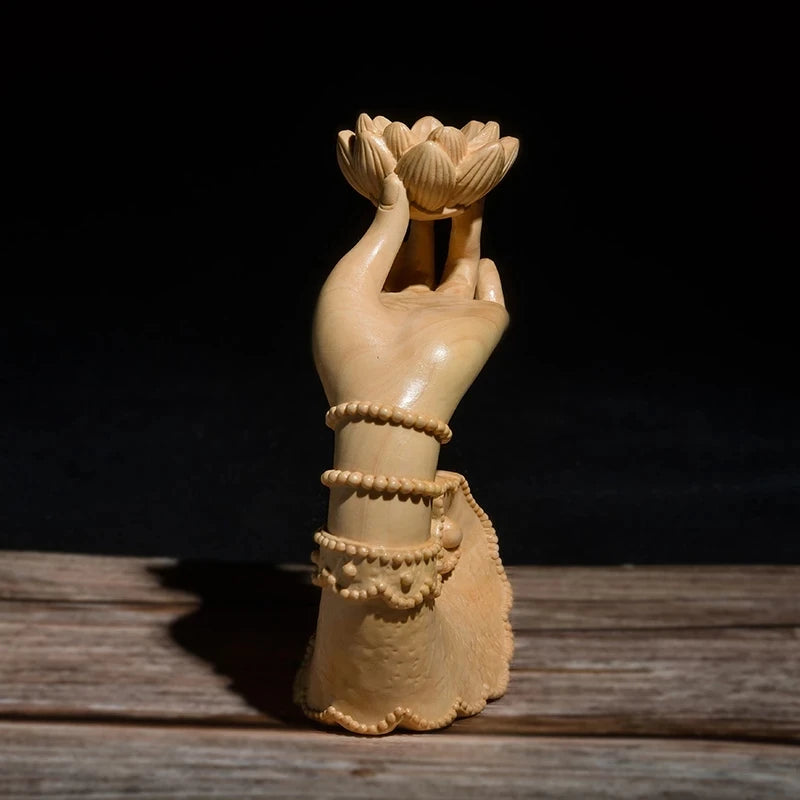 Boxwood 12cm Perfume Lotus Hand Sculpture Solid Wood Beauty Hand Statue Tea Ceremony Buddha Statue Home Decor