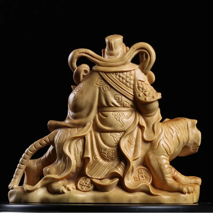 Boxwood 12cm Zhao Gongming Sculpture Wood Taoist God of Wealth Statue Lucky Home Decor