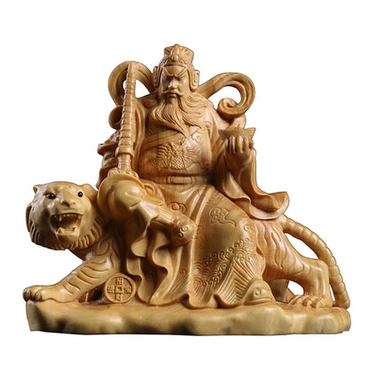 Boxwood 12cm Zhao Gongming Sculpture Wood Taoist God of Wealth Statue Lucky Home Decor