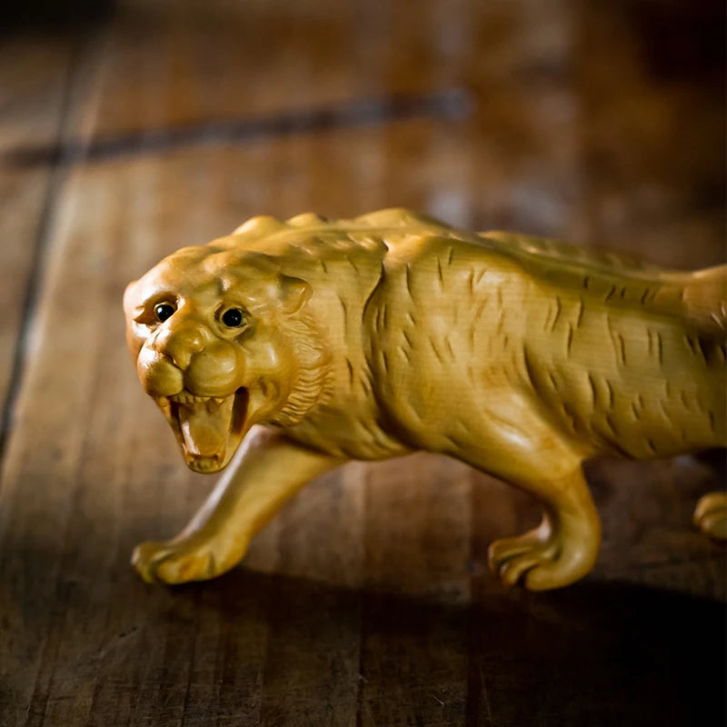Boxwood 13cm 17cm Tiger Sculpture Wood Carving Beast Lucky Animal Home Decor