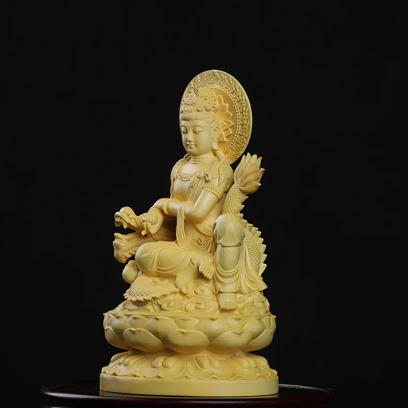 Boxwood 13cm Dragon Guanyin Sculpture Wood Buddha Statue Guan Yin Lucky Worship Feng Shui Home Decor