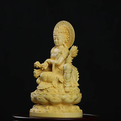 Boxwood 13cm Dragon Guanyin Sculpture Wood Buddha Statue Guan Yin Lucky Worship Feng Shui Home Decor