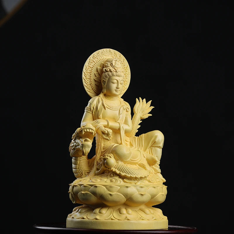Boxwood 13cm Dragon Guanyin Sculpture Wood Buddha Statue Guan Yin Lucky Worship Feng Shui Home Decor