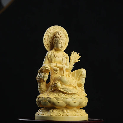 Boxwood 13cm Dragon Guanyin Sculpture Wood Buddha Statue Guan Yin Lucky Worship Feng Shui Home Decor