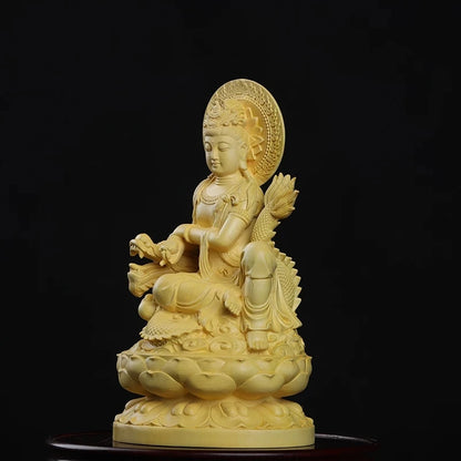 Boxwood 13cm Dragon Guanyin Sculpture Wood Buddha Statue Guan Yin Lucky Worship Feng Shui Home Decor