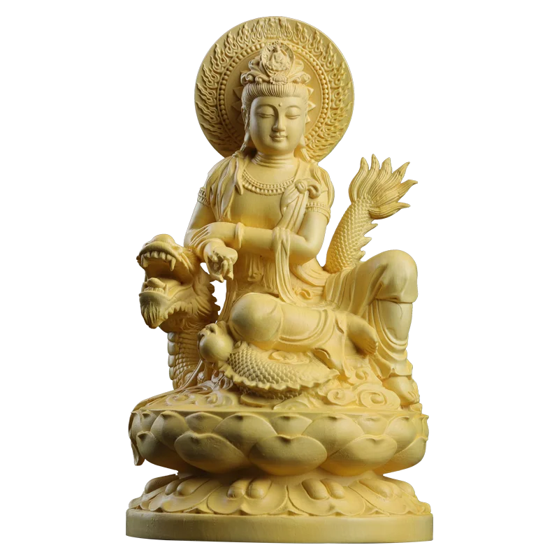 Boxwood 13cm Dragon Guanyin Sculpture Wood Buddha Statue Guan Yin Lucky Worship Feng Shui Home Decor