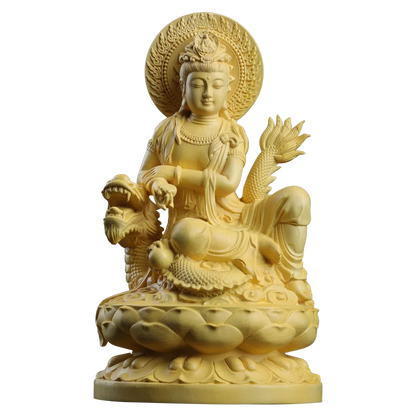 Boxwood 13cm Dragon Guanyin Sculpture Wood Buddha Statue Guan Yin Lucky Worship Feng Shui Home Decor