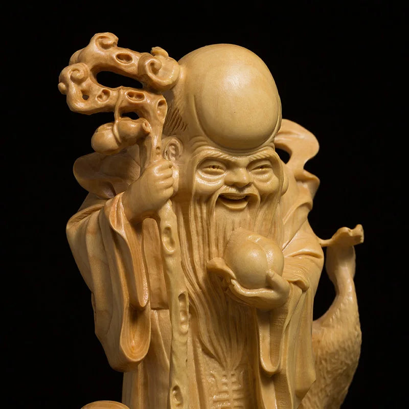Boxwood 13cm Longevity God Sculpture Wood Carving Lucky Mythical Statue Fu Lu Shou Home Decor