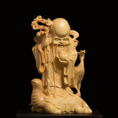 Boxwood 13cm Longevity God Sculpture Wood Carving Lucky Mythical Statue Fu Lu Shou Home Decor