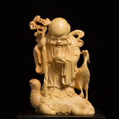 Boxwood 13cm Longevity God Sculpture Wood Carving Lucky Mythical Statue Fu Lu Shou Home Decor