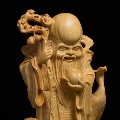 Boxwood 13cm Longevity God Sculpture Wood Carving Lucky Mythical Statue Fu Lu Shou Home Decor
