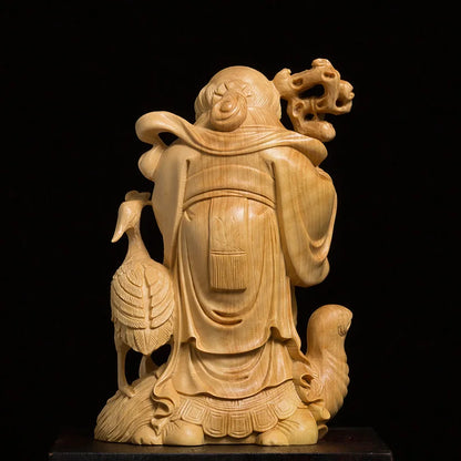 Boxwood 13cm Longevity God Sculpture Wood Carving Lucky Mythical Statue Fu Lu Shou Home Decor