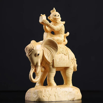 Boxwood 13cm Monkey and Elephant Sculpture Lucky Wood Wealth Statue Rich Feng Shui Home Decor