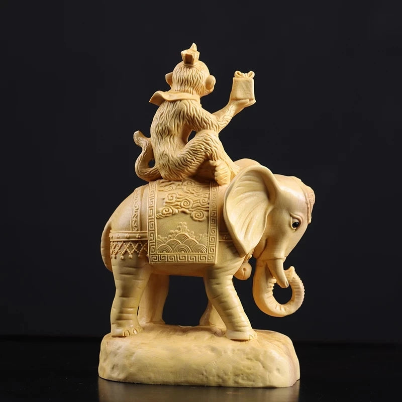 Boxwood 13cm Monkey and Elephant Sculpture Lucky Wood Wealth Statue Rich Feng Shui Home Decor