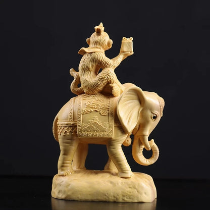 Boxwood 13cm Monkey and Elephant Sculpture Lucky Wood Wealth Statue Rich Feng Shui Home Decor