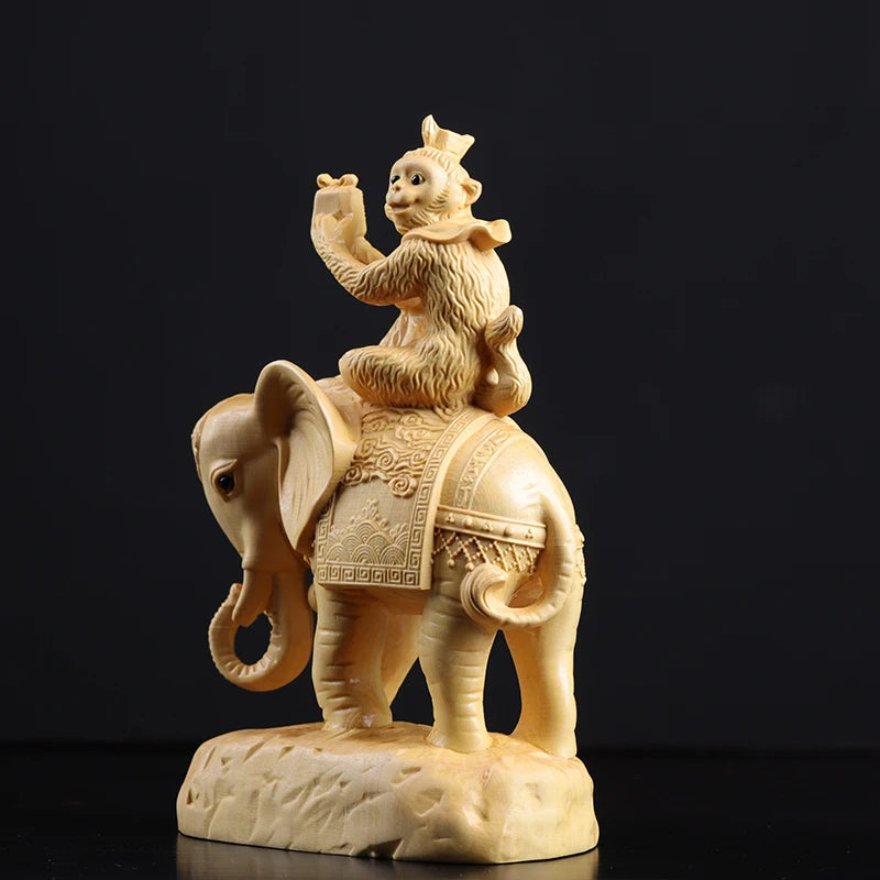 Boxwood 13cm Monkey and Elephant Sculpture Lucky Wood Wealth Statue Rich Feng Shui Home Decor