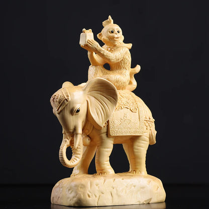 Boxwood 13cm Monkey and Elephant Sculpture Lucky Wood Wealth Statue Rich Feng Shui Home Decor