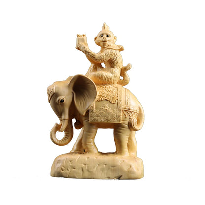 Boxwood 13cm Monkey and Elephant Sculpture Lucky Wood Wealth Statue Rich Feng Shui Home Decor