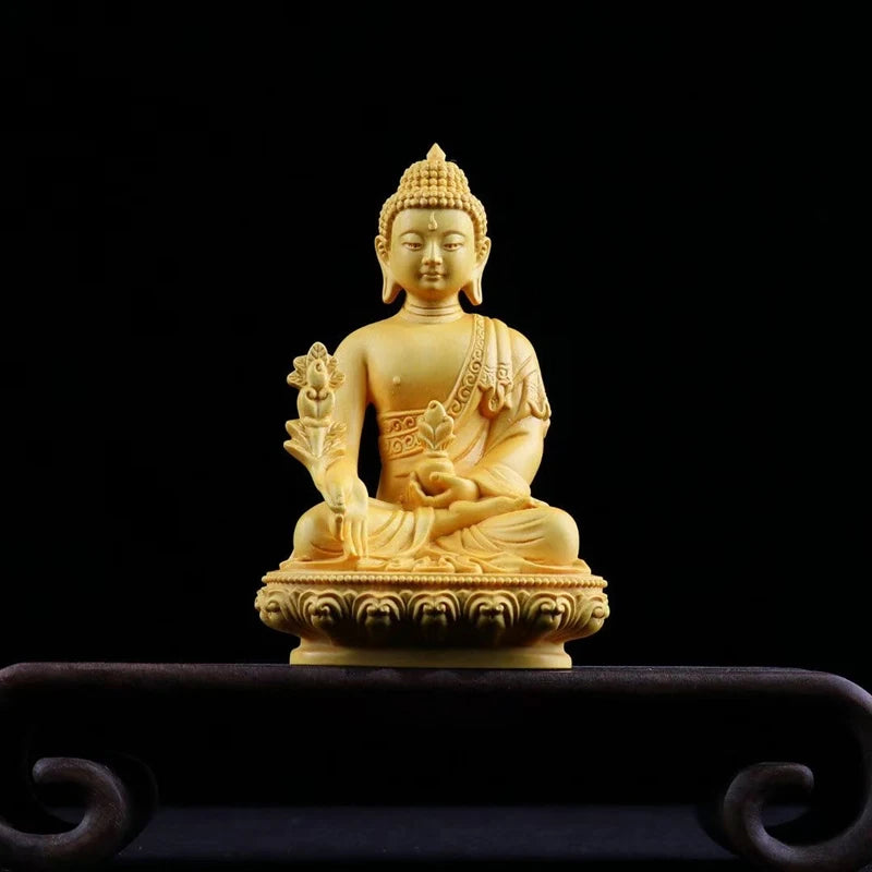 Boxwood 14CM Bhaisajya Guru Vaidurya Prabharaja Buddha Statue Gifts Wood Figures Buddha Statues Home Decor Collection