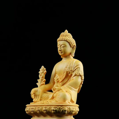 Boxwood 14CM Bhaisajya Guru Vaidurya Prabharaja Buddha Statue Gifts Wood Figures Buddha Statues Home Decor Collection