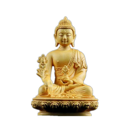 Boxwood 14CM Bhaisajya Guru Vaidurya Prabharaja Buddha Statue Gifts Wood Figures Buddha Statues Home Decor Collection