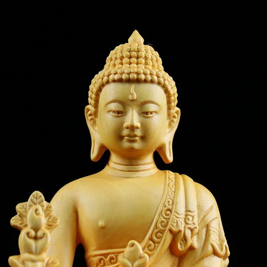 Boxwood 14CM Bhaisajya Guru Vaidurya Prabharaja Buddha Statue Gifts Wood Figures Buddha Statues Home Decor Collection