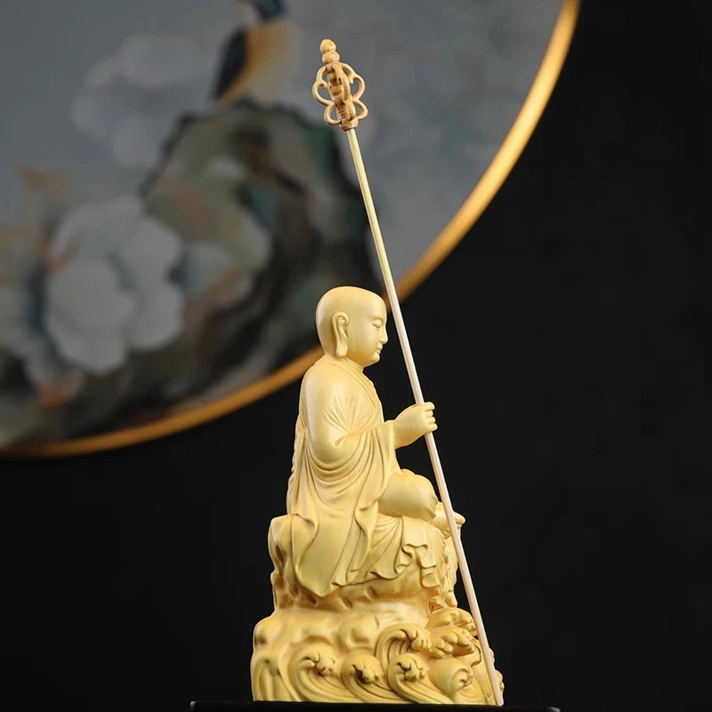 Boxwood 14cm Ksitigarbha Sculpture Wood Buddha Statue Sitting Monk Figure Waves Buda Collection Home Decor