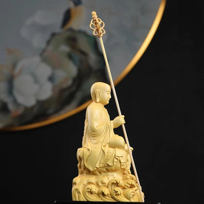 Boxwood 14cm Ksitigarbha Sculpture Wood Buddha Statue Sitting Monk Figure Waves Buda Collection Home Decor
