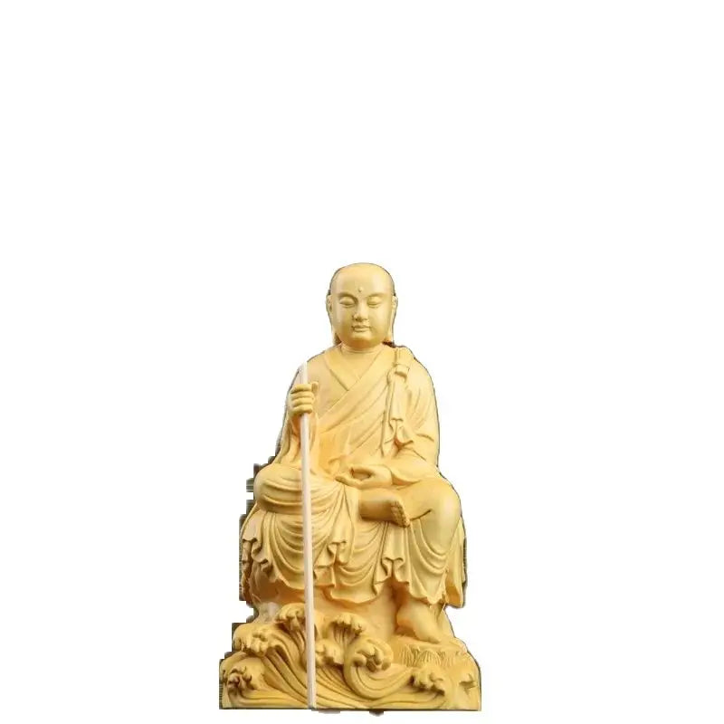 Boxwood 14cm Ksitigarbha Sculpture Wood Buddha Statue Sitting Monk Figure Waves Buda Collection Home Decor