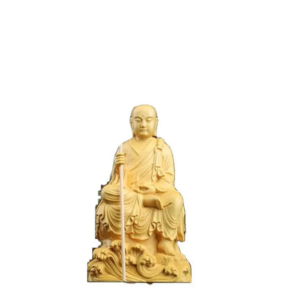 Boxwood 14cm Ksitigarbha Sculpture Wood Buddha Statue Sitting Monk Figure Waves Buda Collection Home Decor