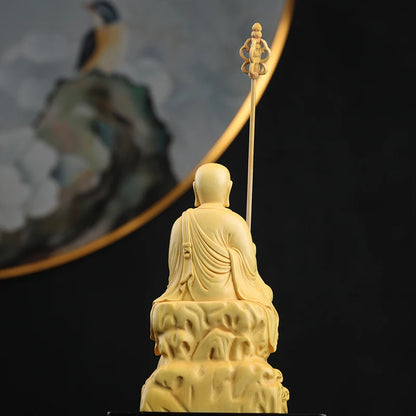 Boxwood 14cm Ksitigarbha Sculpture Wood Buddha Statue Sitting Monk Figure Waves Buda Collection Home Decor
