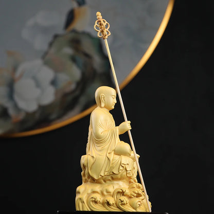 Boxwood 14cm Ksitigarbha Sculpture Wood Buddha Statue Sitting Monk Figure Waves Buda Collection Home Decor