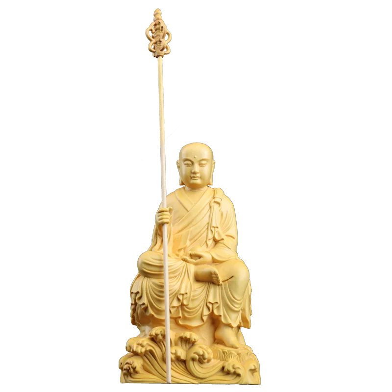 Boxwood 14cm Ksitigarbha Sculpture Wood Buddha Statue Sitting Monk Figure Waves Buda Collection Home Decor