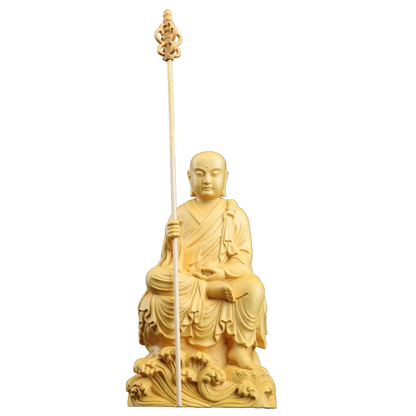 Boxwood 14cm Ksitigarbha Sculpture Wood Buddha Statue Sitting Monk Figure Waves Buda Collection Home Decor