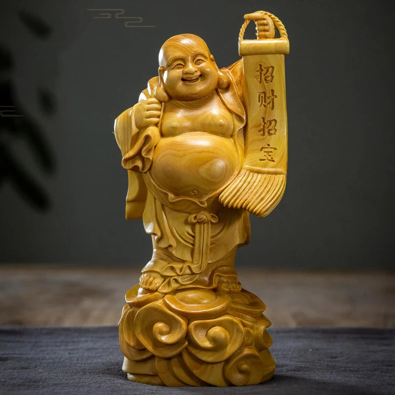 Boxwood 14cm Maitreya Real Wood Myth Buddha Zen Figure Statue Office Decoration Collection Figure Sculpture