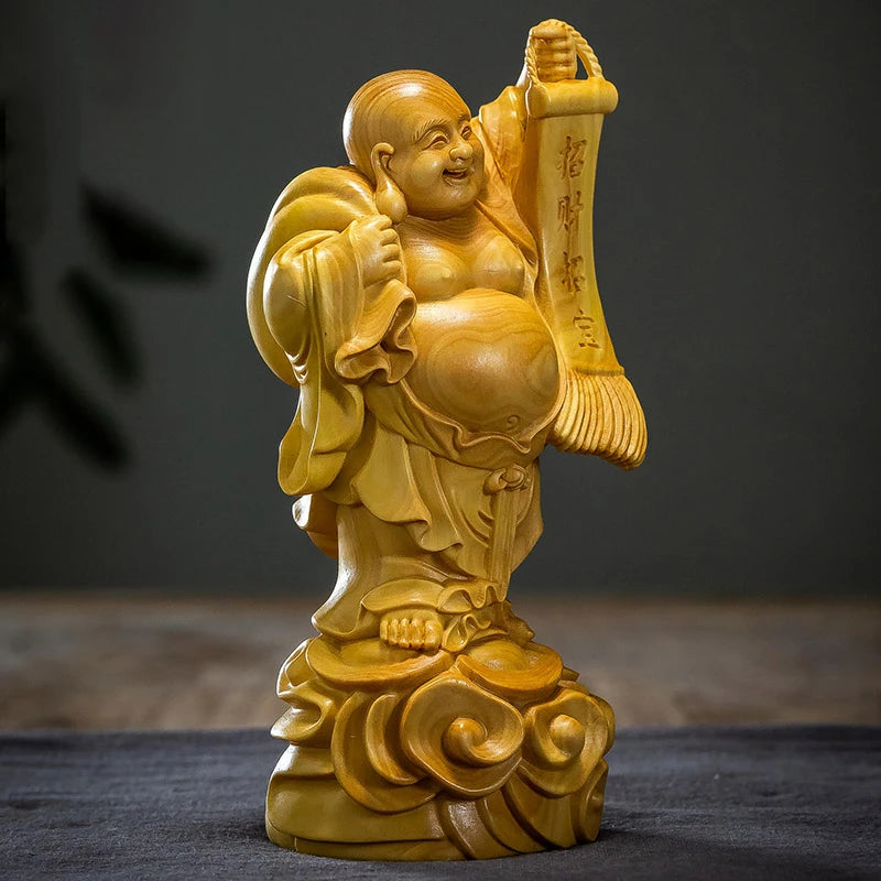 Boxwood 14cm Maitreya Real Wood Myth Buddha Zen Figure Statue Office Decoration Collection Figure Sculpture