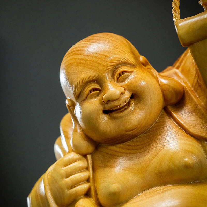 Boxwood 14cm Maitreya Real Wood Myth Buddha Zen Figure Statue Office Decoration Collection Figure Sculpture