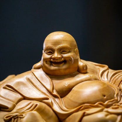 Boxwood 14cm Maitreya Sculpture Wood Carving Buddha Statues Laughing Buddha Mascot Home Decor