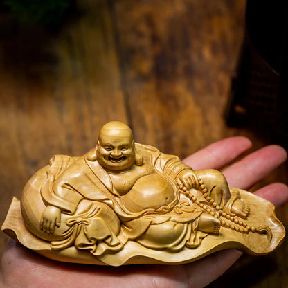 Boxwood 14cm Maitreya Sculpture Wood Carving Buddha Statues Laughing Buddha Mascot Home Decor