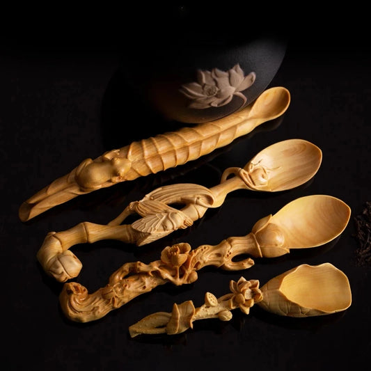 Boxwood 14cm Tea Spoon Sculpture Tea Shovel Ceremony Collection Wood Statue Tea Set Home Decor