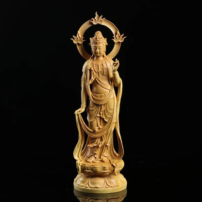 Boxwood 15 21 24cm Guanyin Sculpture Wood Carving Buddha Statue Home Decor