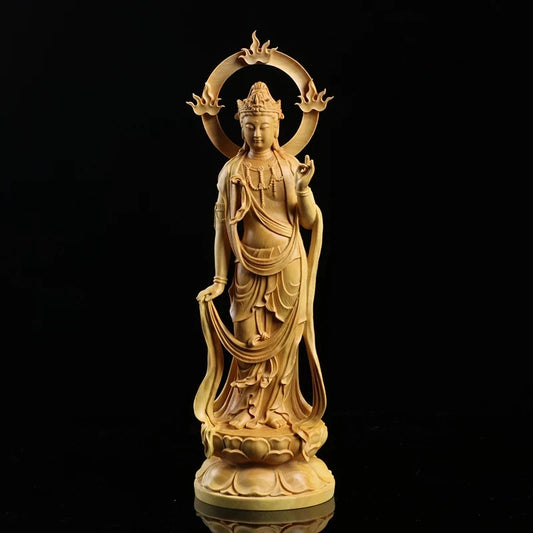 Boxwood 15 21 24cm Guanyin Sculpture Wood Carving Buddha Statue Home Decor